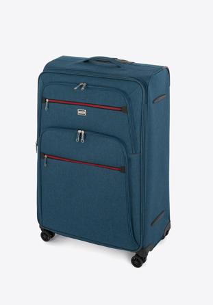 Duża walizka z kolorowym suwakiem, morski, 56-3S-503-91, Zdjęcie 1