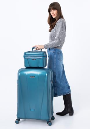 Duża walizka z polikarbonu geometryczna, niebieski, 56-3P-123-96, Zdjęcie 1