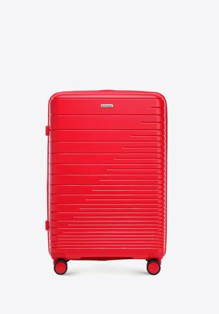 Duża walizka z polipropylenu z błyszczącymi paskami czerwona