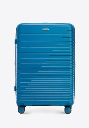 Duża walizka z polipropylenu z błyszczącymi paskami, niebieski, 56-3T-163-95, Zdjęcie 1