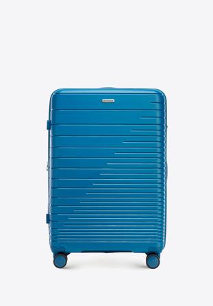 Duża walizka z polipropylenu z błyszczącymi paskami niebieska