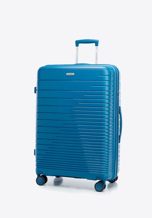 Duża walizka z polipropylenu z błyszczącymi paskami, niebieski, 56-3T-163-86, Zdjęcie 4