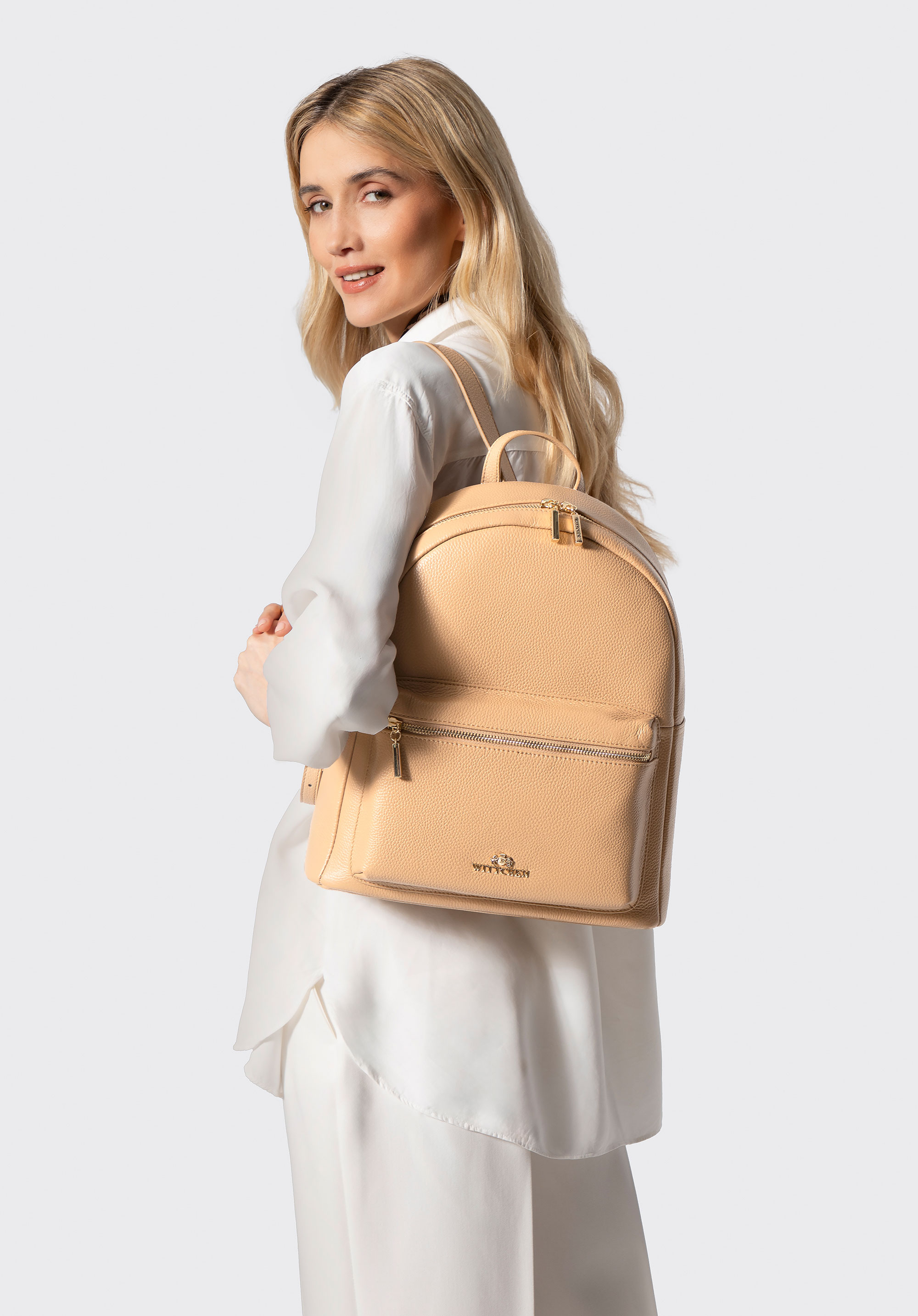 Duży damski plecak ze skóry licowej, beżowy, 102-4E-621-9, Zdjęcie 1