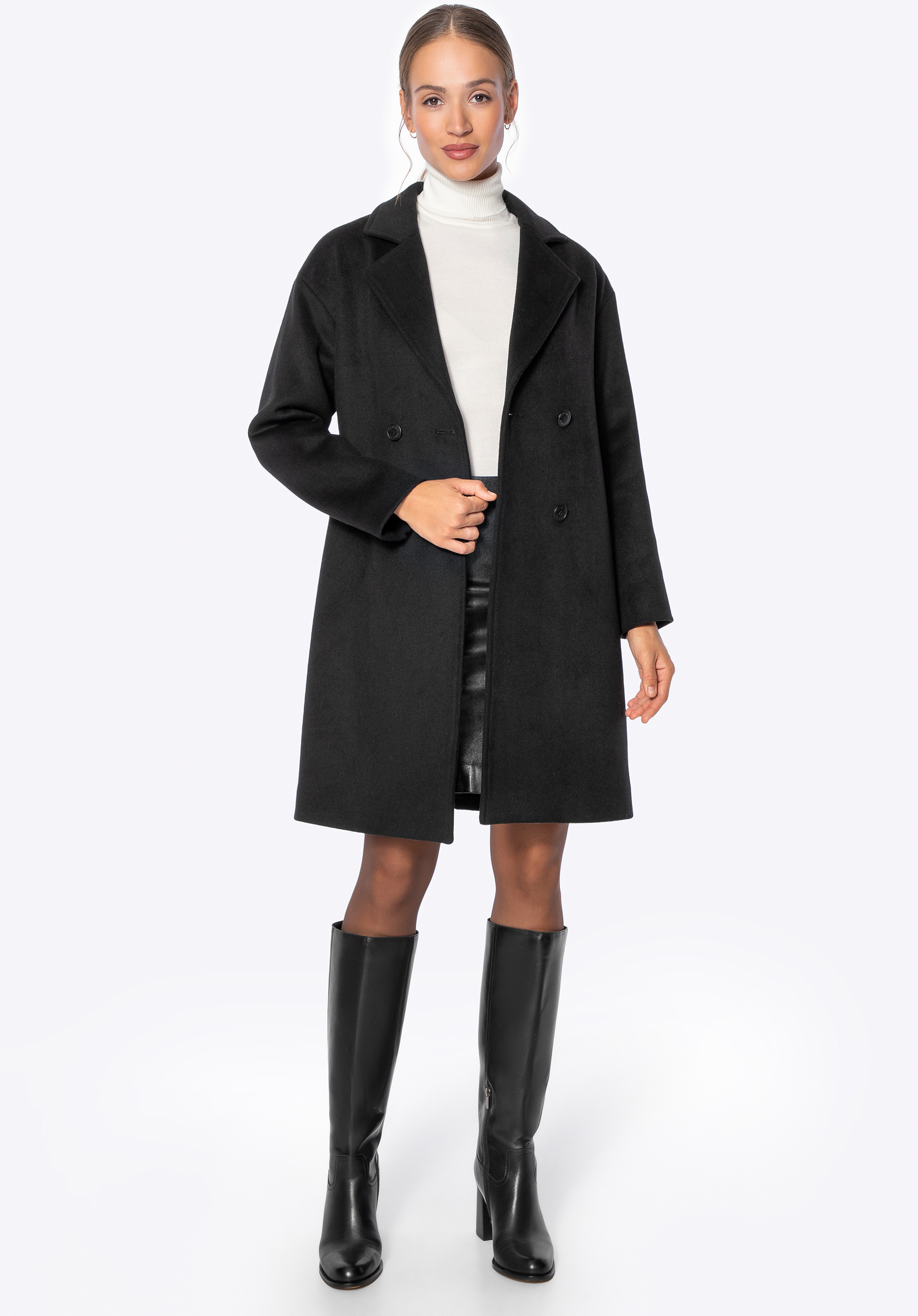 Dwurzędowy płaszcz damski z wełny czarny