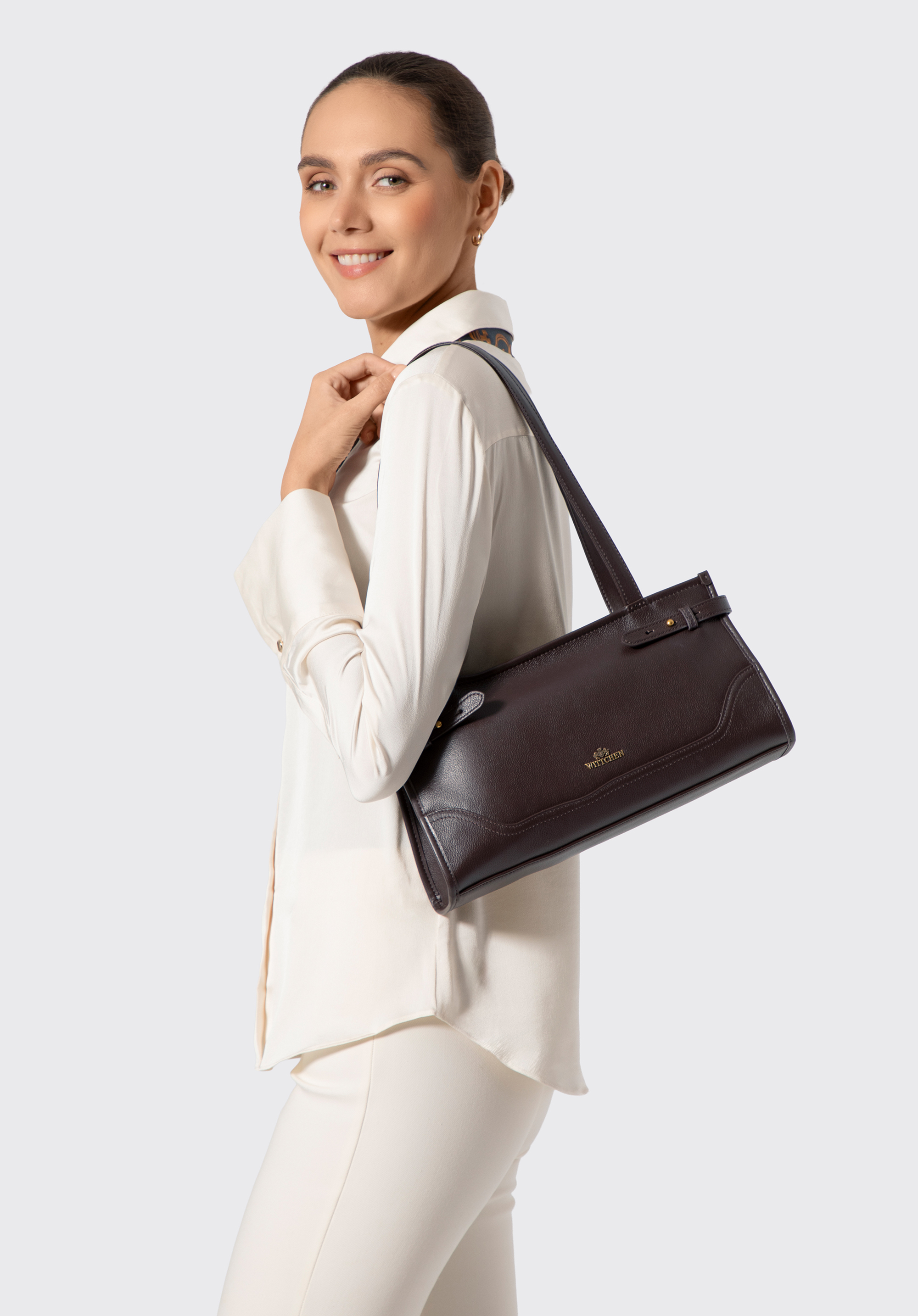 Elegancka bagietka damska ze skóry naturalnej, ciemny brąz, 103-4E-610-4, Zdjęcie 1