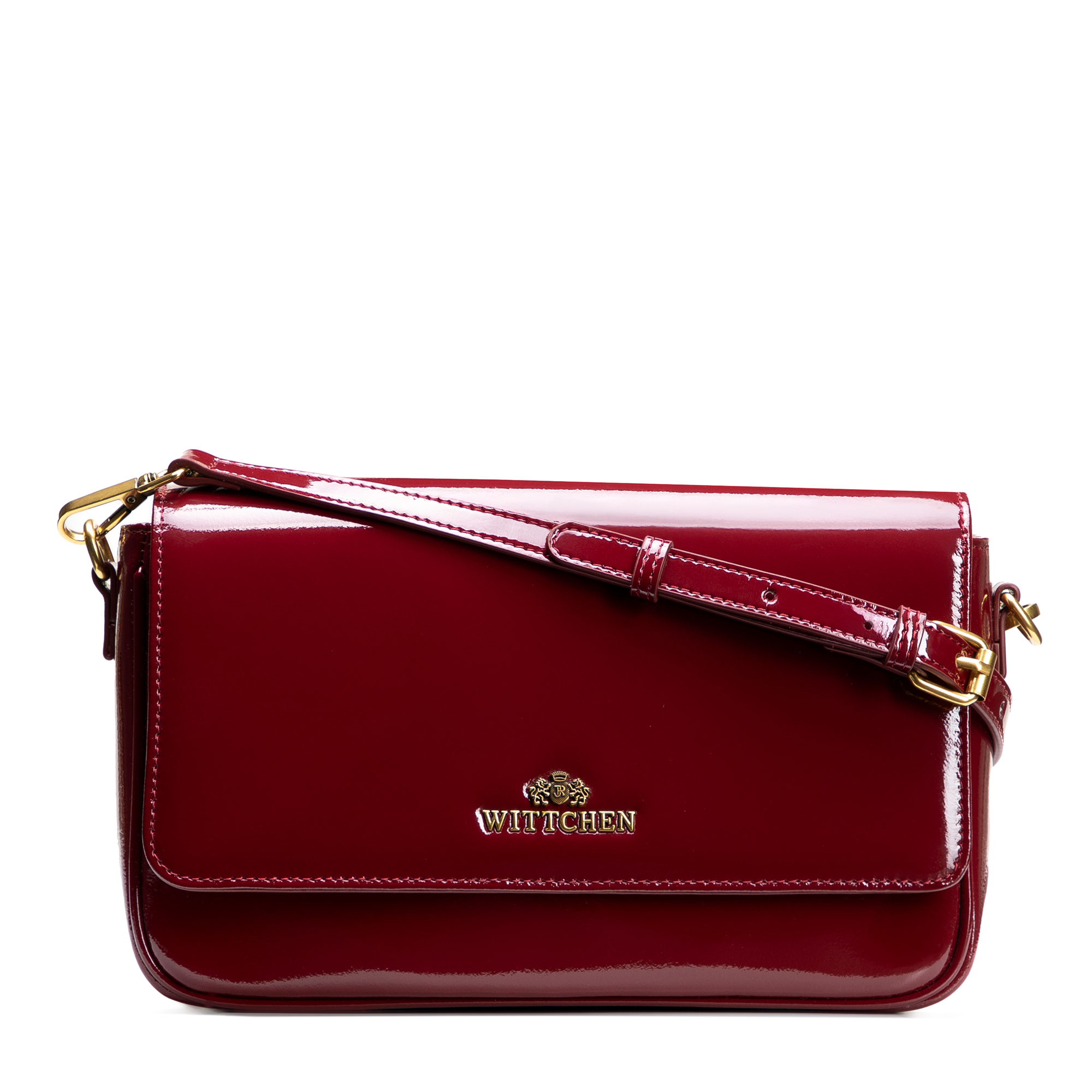 Bordová crossbody kabelka z lakovanej kože s ozdobnými cvokmi a klopou 102-4E-200-3, Vyberte variant bordová