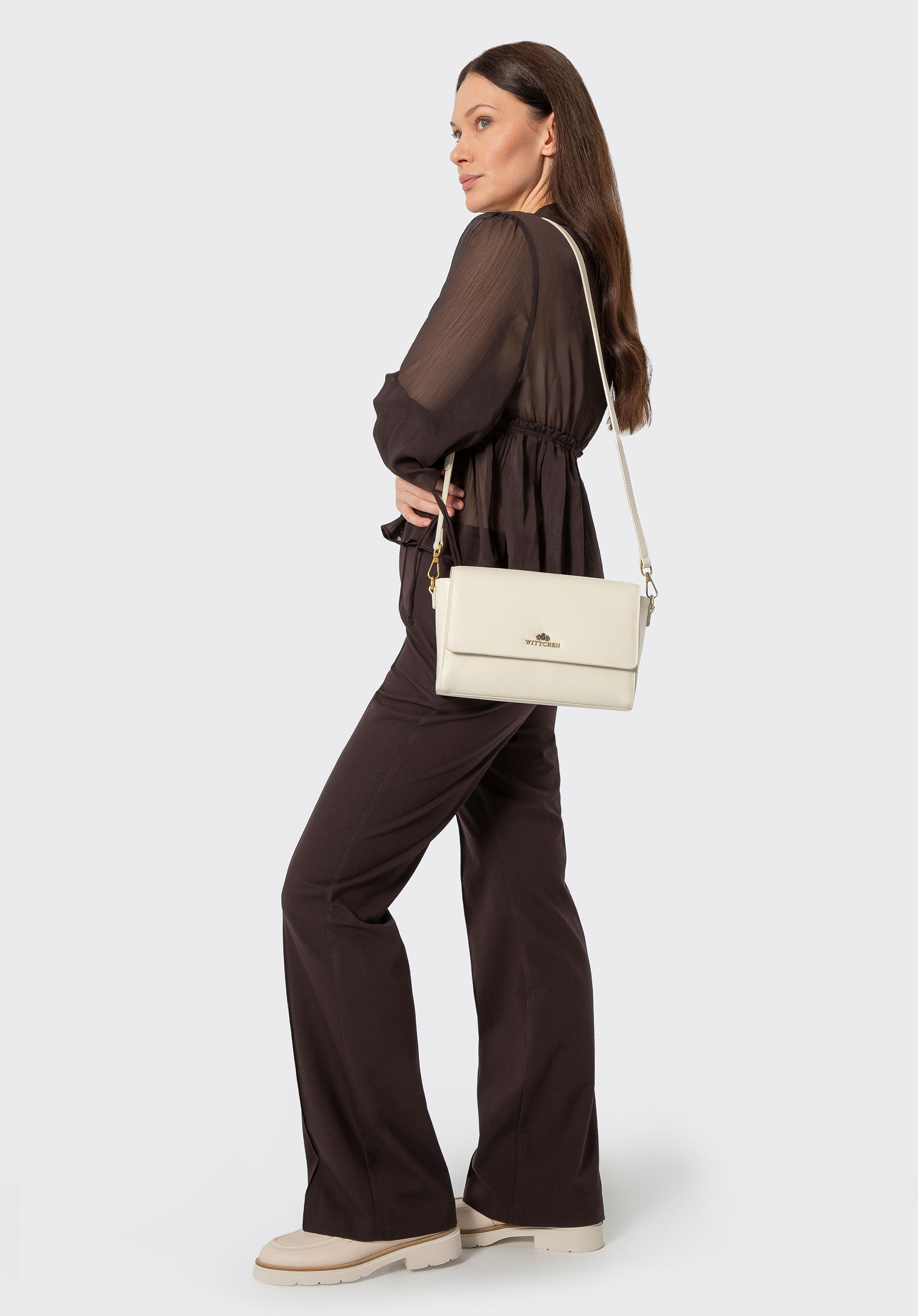 Elegancka listonoszka ze skóry naturalnej, kremowy, 102-4E-211-0, Zdjęcie 1