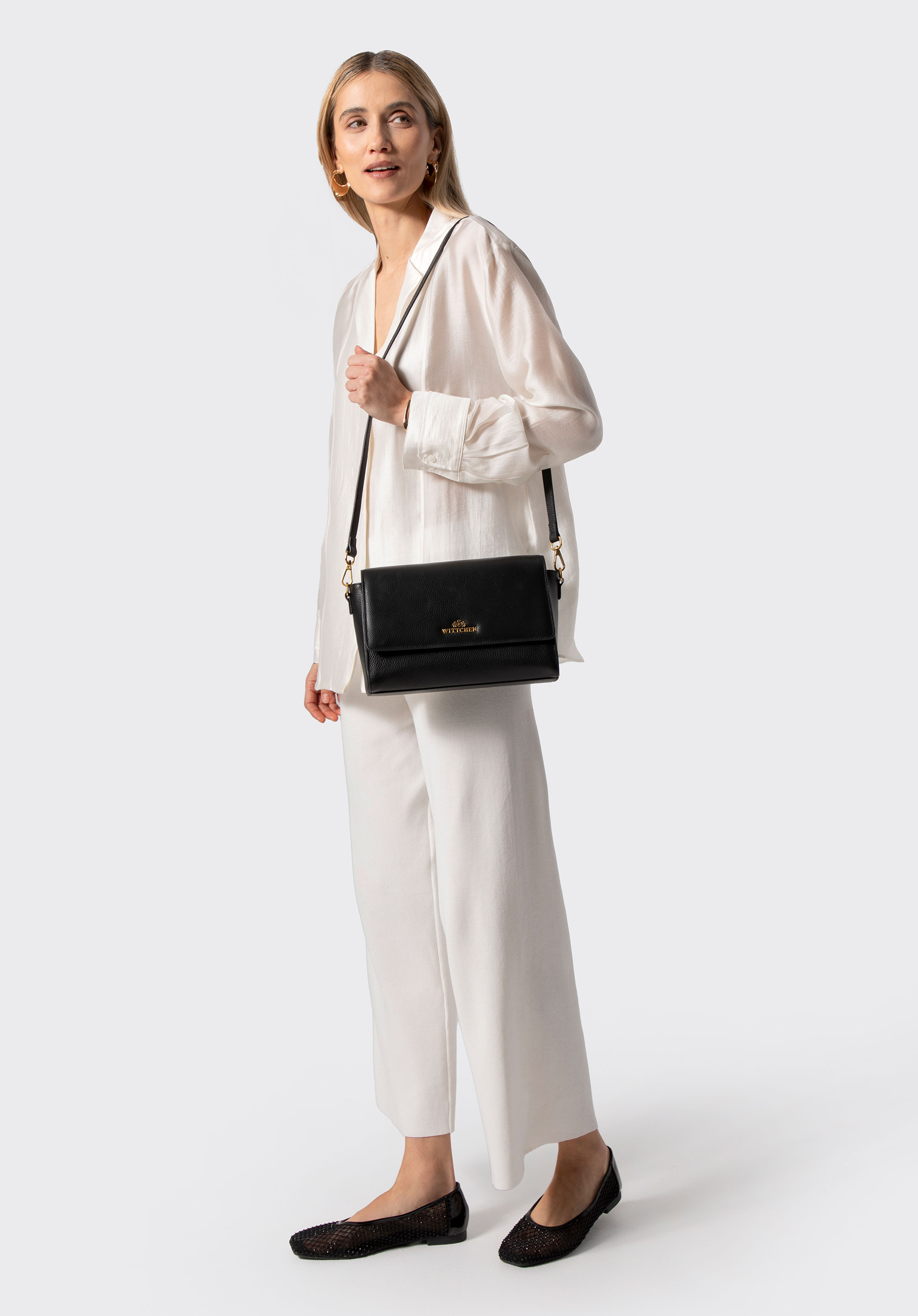 Elegancka listonoszka ze skóry naturalnej, czarno-złoty, 102-4E-211-1G, Zdjęcie 1