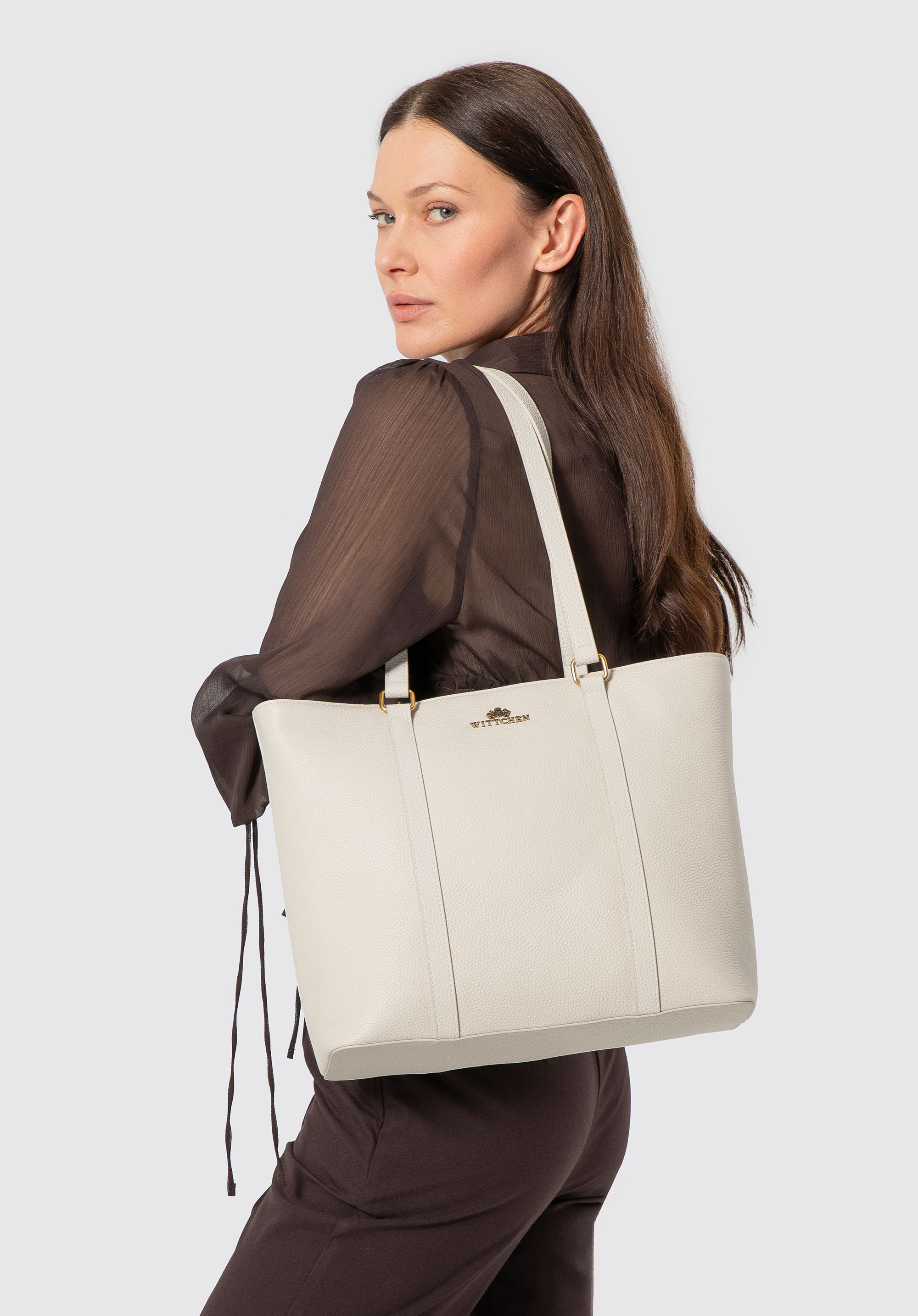 Stylish leather shopper bag, cream, 102-4E-209-0, Photo 1