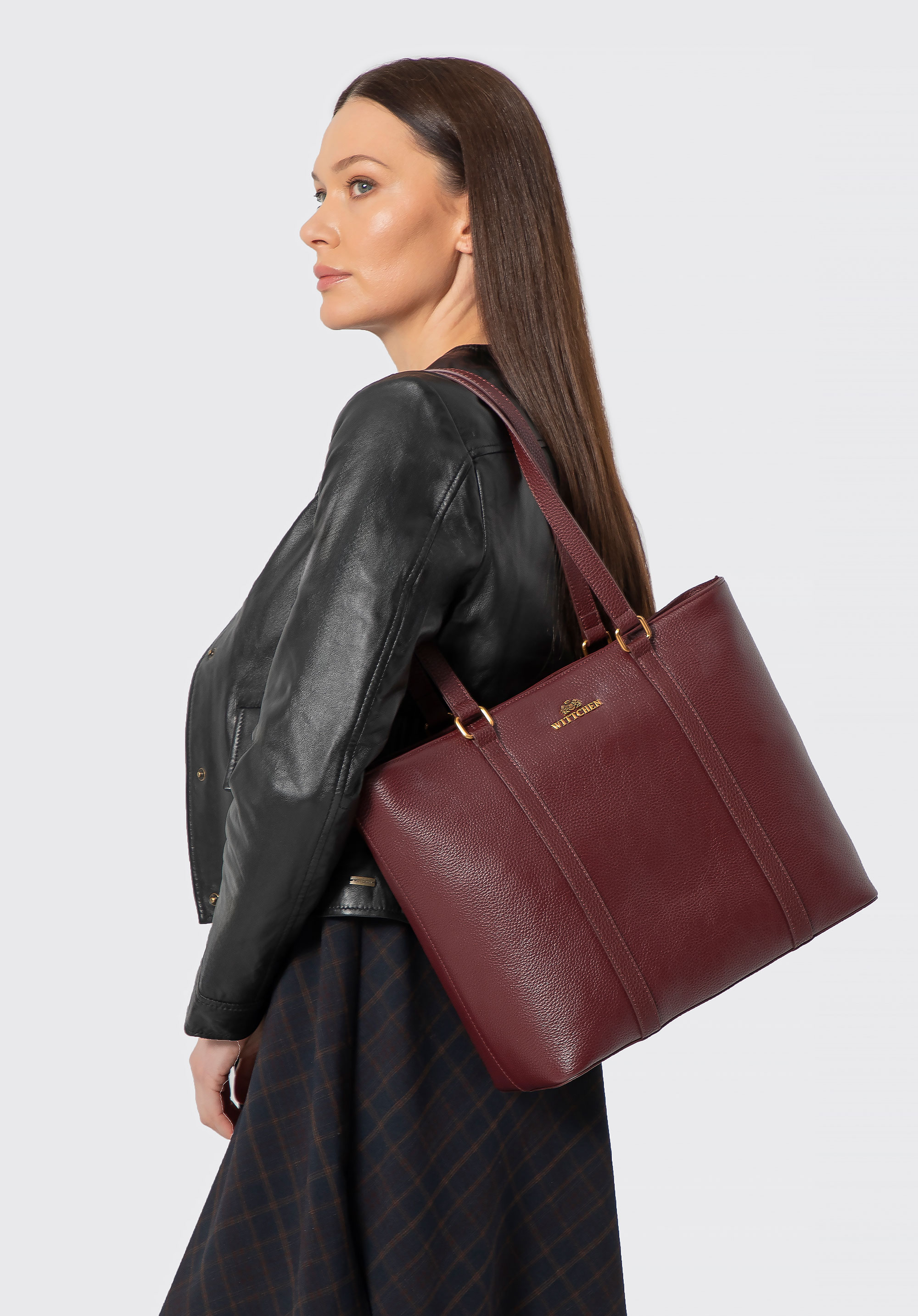 Elegancka torebka shopperka ze skóry naturalnej, bordowy, 102-4E-209-3, Zdjęcie 1