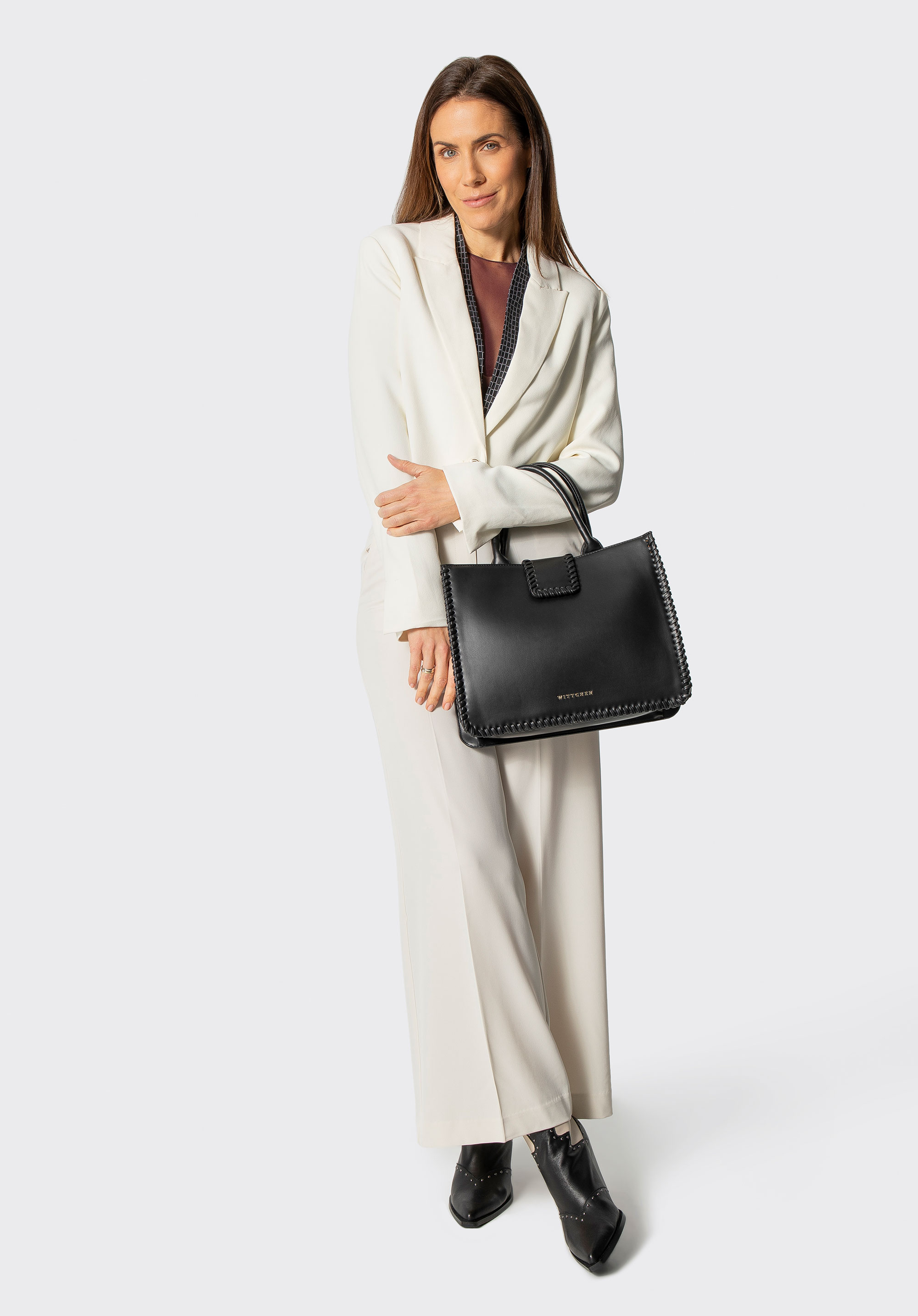 Elegant faux leather tote bag with decorative stitching, black, 101-4Y-403-1, Photo 1