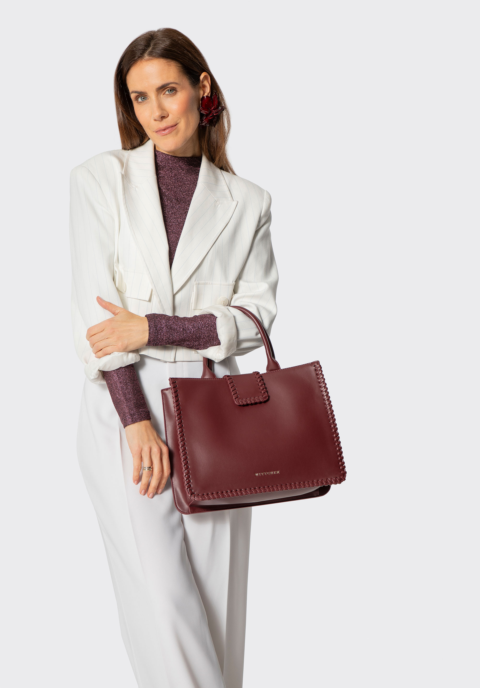 Elegant faux leather tote bag with decorative stitching, burgundy, 101-4Y-403-3, Photo 1