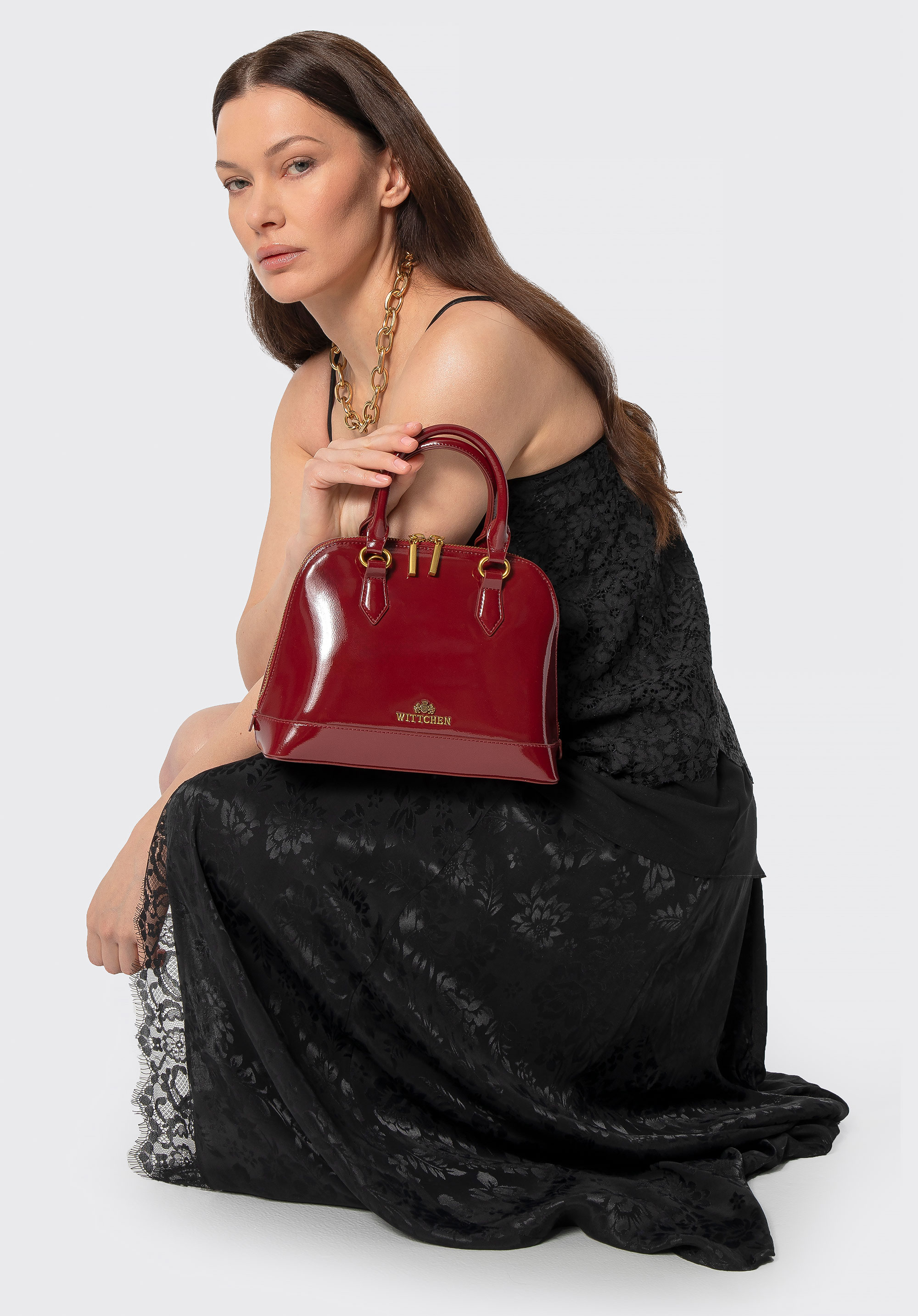 Elegancki kuferek ze skóry lakierowanej, bordowy, 102-4E-201-3, Zdjęcie 1