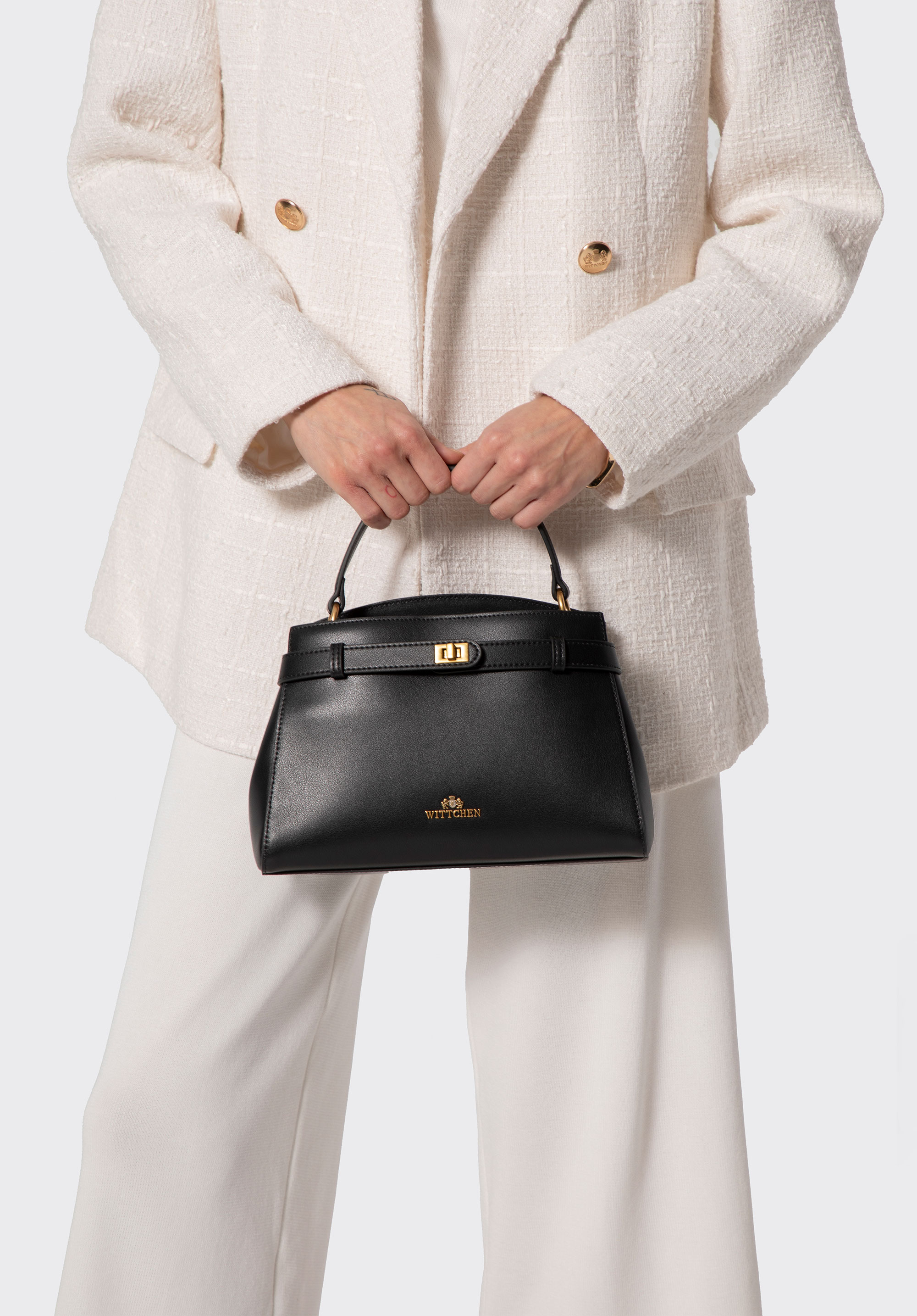 Elegant small leather tote bag, black, 102-4E-627-1, Photo 1