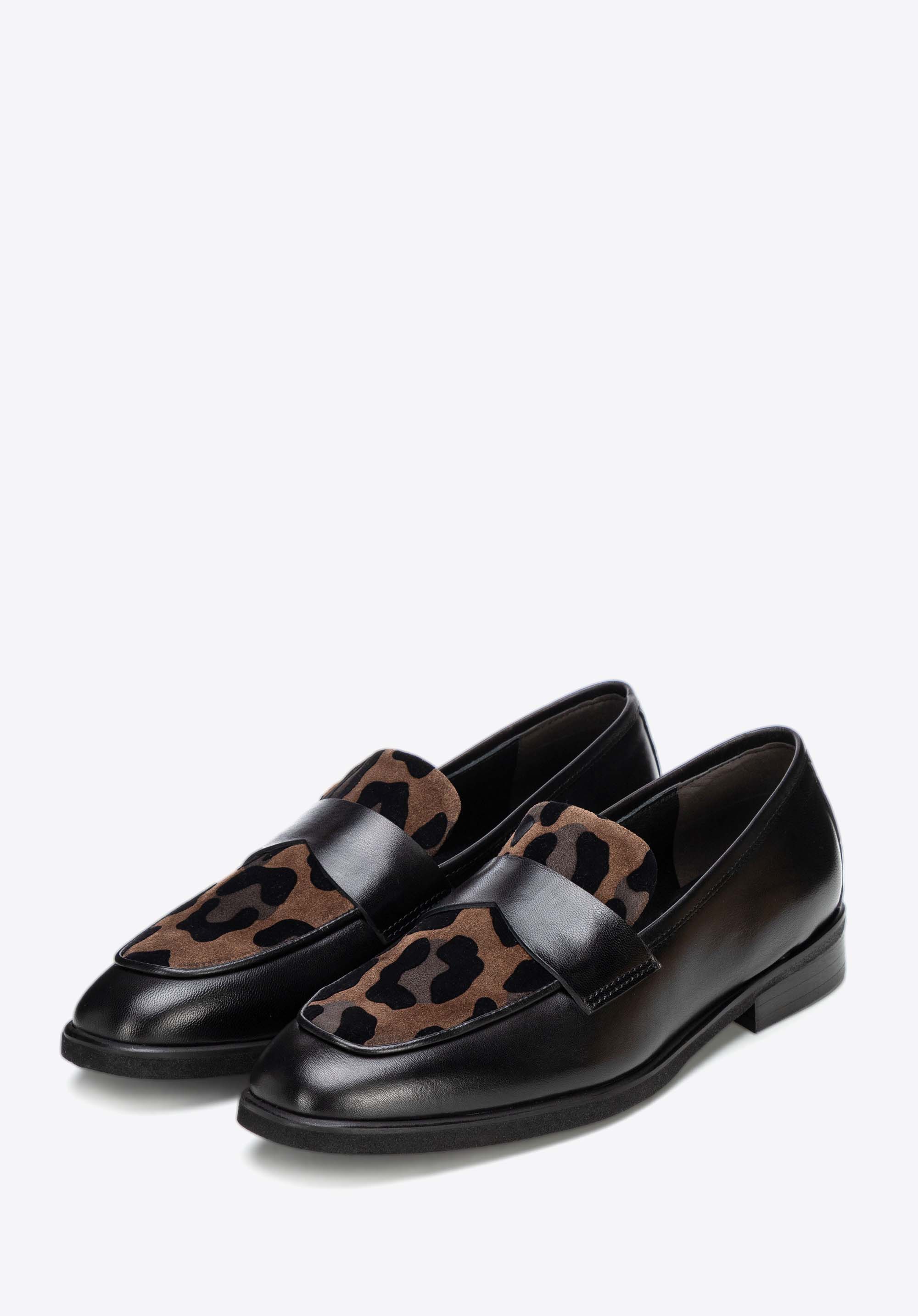 Eleganckie mokasyny damskie ze skóry naturalnej z panterką, ciemny brąz, 103-D-102-4-41, Zdjęcie 1