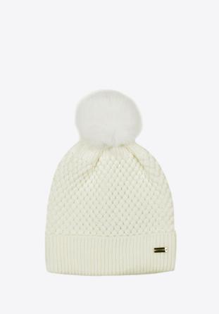 Women's winter seed stitch hat with pom pom, cream, 97-HF-005-08, Photo 1