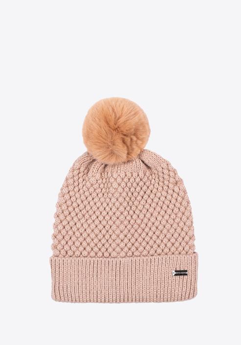 Women's winter seed stitch hat with pom pom, muted pink, 97-HF-005-9, Photo 1