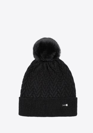 Winter hat with herringbone stitch pattern, black, 97-HF-007-1, Photo 1