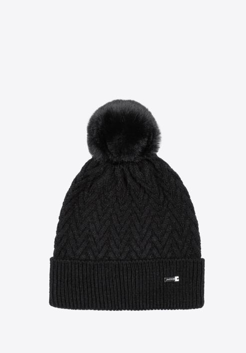 Winter hat with herringbone stitch pattern, black, 97-HF-007-6, Photo 1