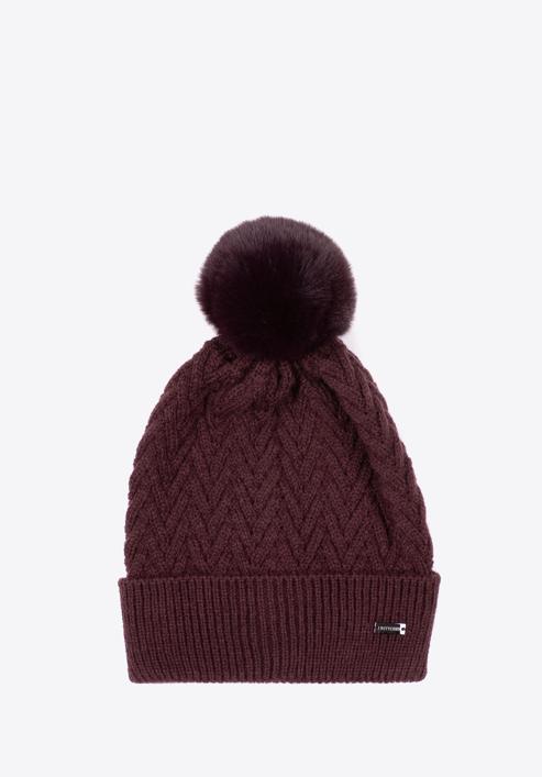 Winter hat with herringbone stitch pattern, plum, 97-HF-007-7, Photo 1