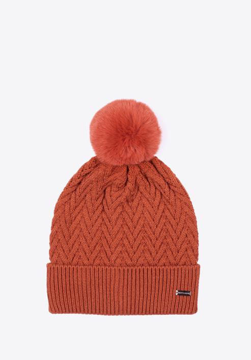 Winter hat with herringbone stitch pattern, brick red, 97-HF-007-1, Photo 1