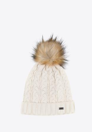 Women's cable knit winter hat, cream, 97-HF-016-0, Photo 1