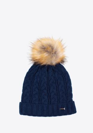 Women's cable knit winter hat, navy blue, 97-HF-016-7, Photo 1
