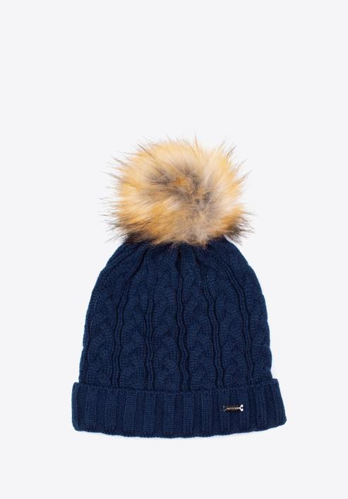 Women's cable knit winter hat, navy blue, 97-HF-016-2, Photo 1