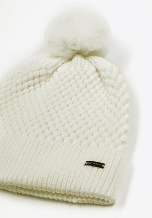 Women's winter seed stitch hat with pom pom, cream, 97-HF-005-9, Photo 2