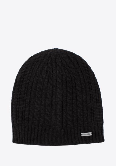 Men's cable knit winter hat, black, 97-HF-010-1, Photo 1