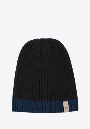 Men's winter hat with wide stripe detail, black-navy blue, 97-HF-010-17, Photo 1