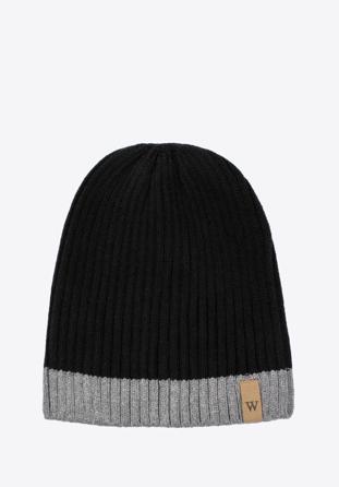 Men's winter hat with wide stripe detail, black-grey, 97-HF-010-18, Photo 1