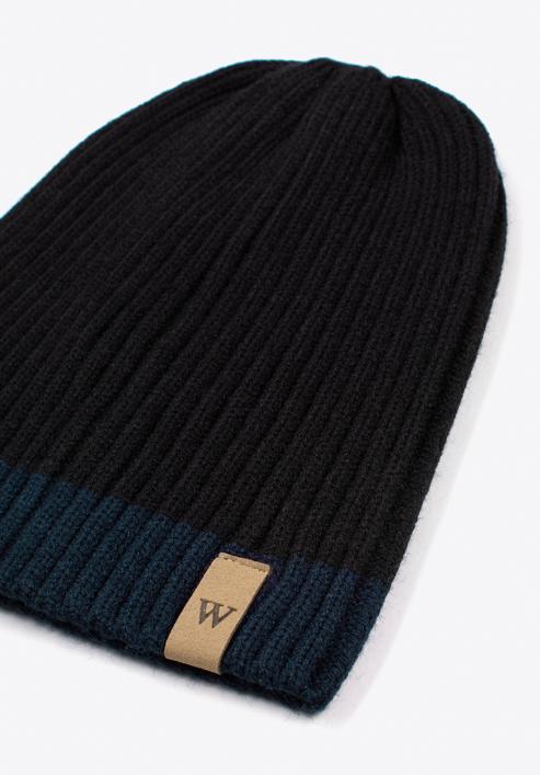 Men's winter hat with wide stripe detail, black-navy blue, 97-HF-010-17, Photo 2