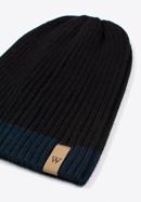 Men's winter hat with wide stripe detail, black-navy blue, 97-HF-010-17, Photo 2