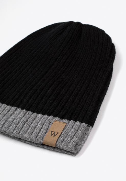Men's winter hat with wide stripe detail, black-grey, 97-HF-010-18, Photo 2
