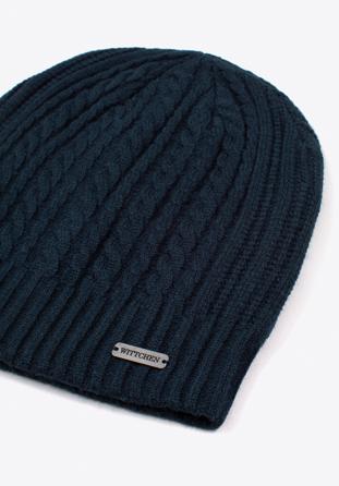 Men's cable knit winter hat, navy blue, 97-HF-010-7, Photo 1