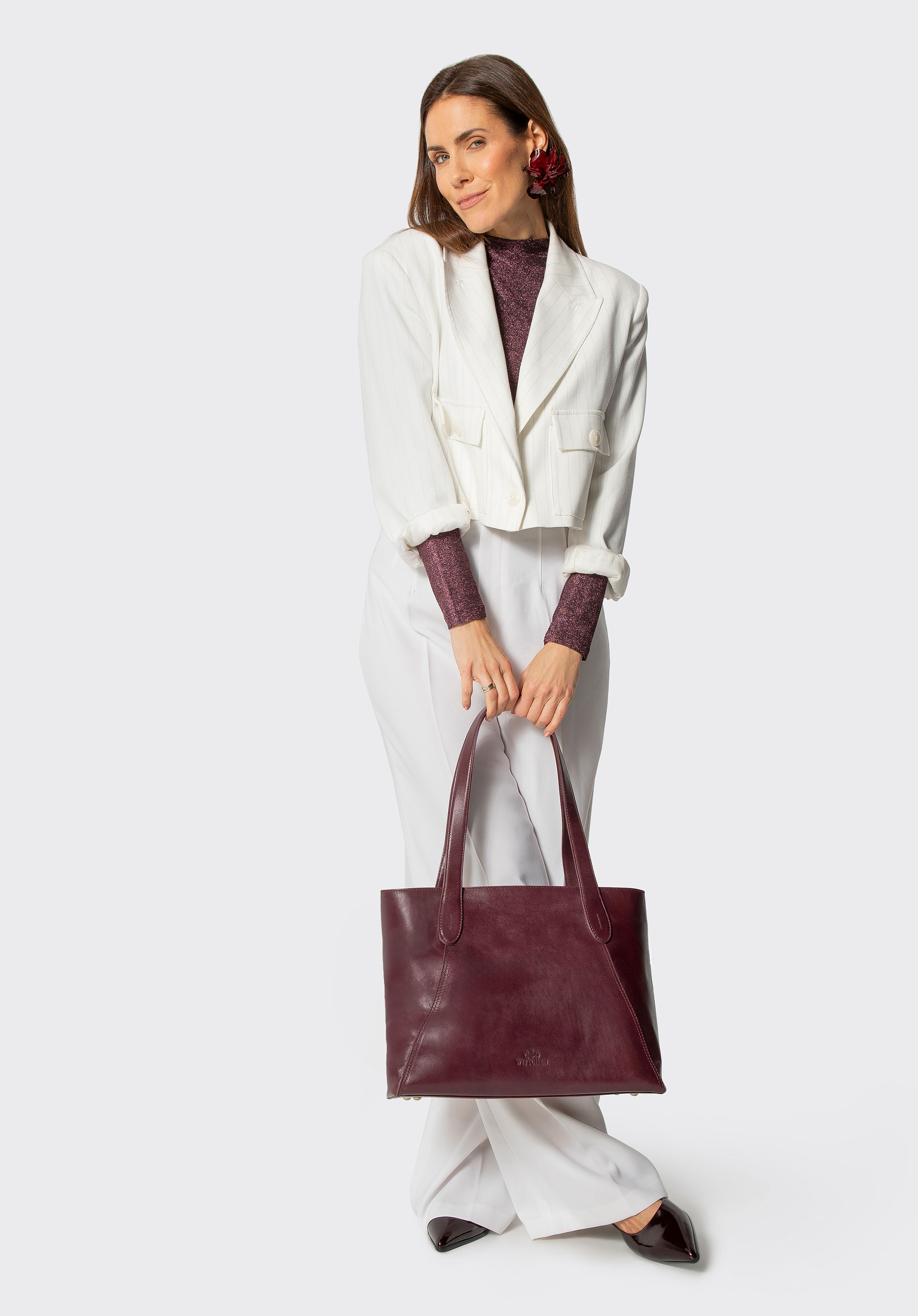 Klasyczna damska shopperka ze skóry naturalnej, bordowy, 101-4E-810-3, Zdjęcie 1