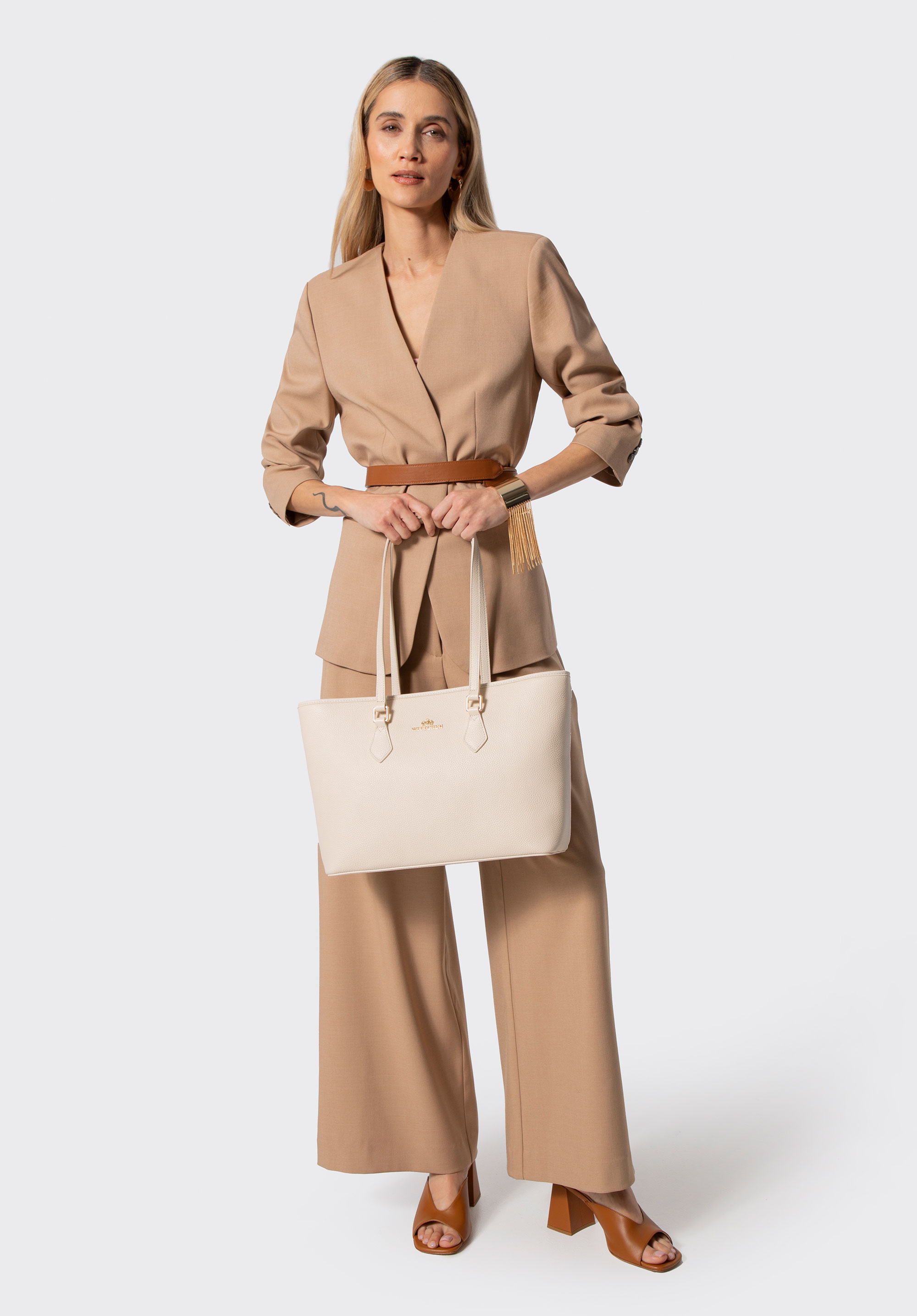 Klasyczna damska shopperka ze skóry naturalnej kremowa