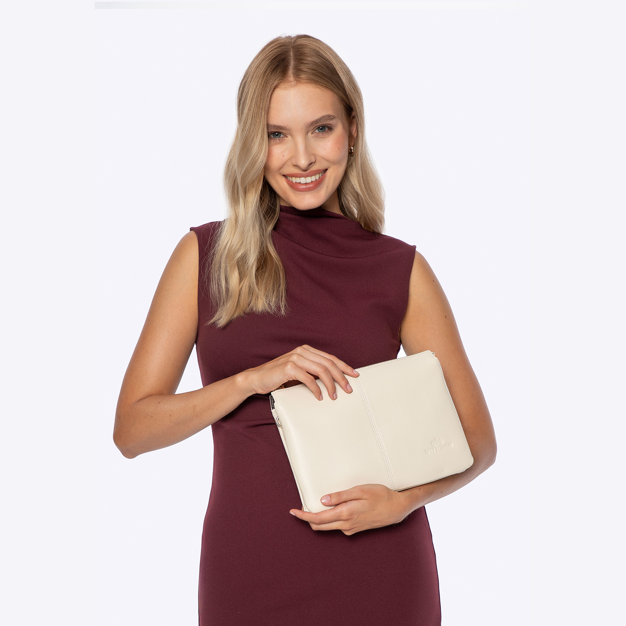 Krémová dvojkomorová crossbody kabelka z prírodnej kože s prešívaním 101-4E-608-0, Vyberte variant krémová
