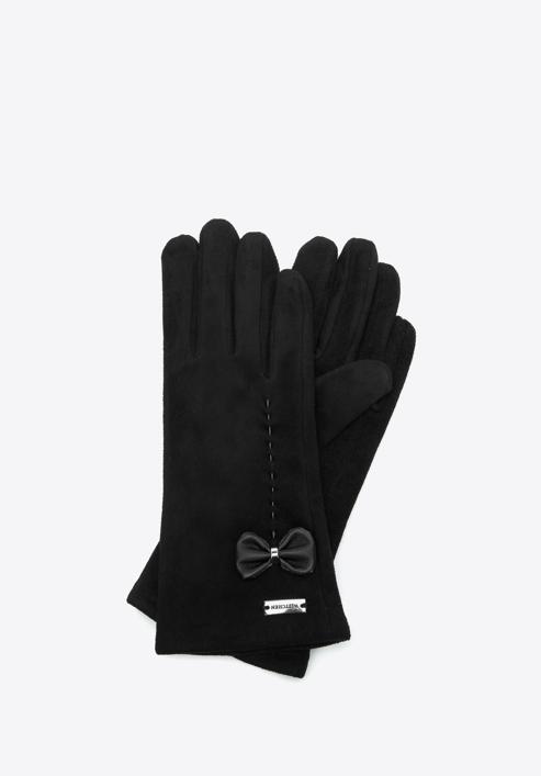 Damskie rękawiczki z ozdobnym obszyciem i kokardą, czarny, 39-6P-012-33-S/M, Zdjęcie 1