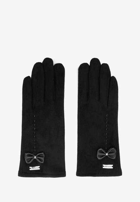 Damskie rękawiczki z ozdobnym obszyciem i kokardą, czarny, 39-6P-012-33-S/M, Zdjęcie 3