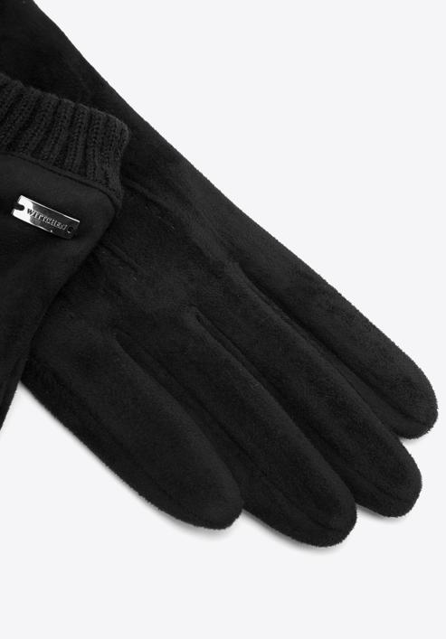 Męskie rękawiczki z ukośnym przeszyciem i ściągaczem, czarny, 39-6P-018-B-M/L, Zdjęcie 4