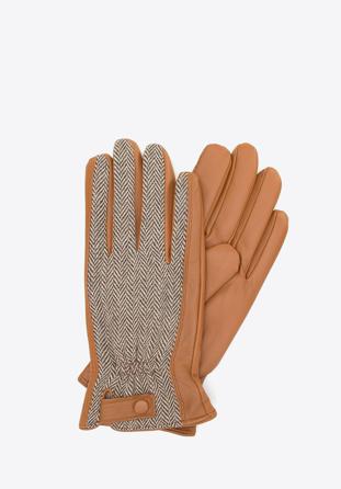 Męskie rękawiczki skórzane ze wstawką w jodełkę, brązowy, 44-6A-020-B-L, Zdjęcie 1