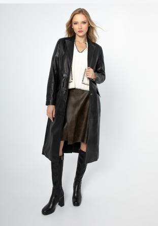Klasyczny damski płaszcz skórzany, czarny, 99-09-403-1-L, Zdjęcie 1