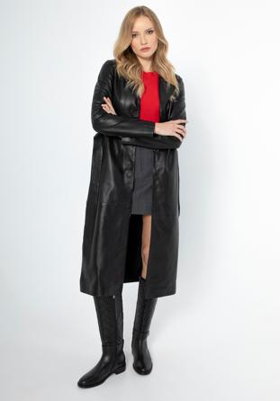 Klasyczny damski płaszcz skórzany z paskiem, czarny, 99-09-402-1-S, Zdjęcie 1