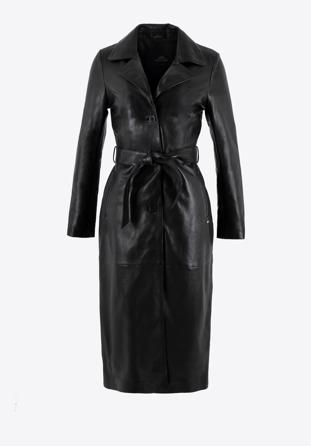 Klasyczny damski płaszcz skórzany z paskiem, czarny, 99-09-402-1-XL, Zdjęcie 1