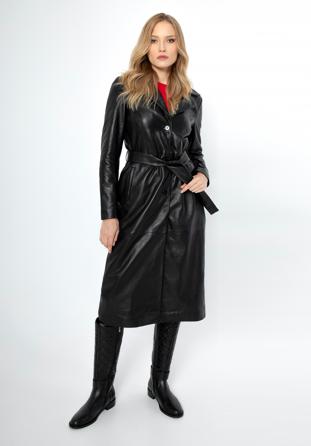 Klasyczny damski płaszcz skórzany z paskiem, czarny, 99-09-402-1-M, Zdjęcie 1