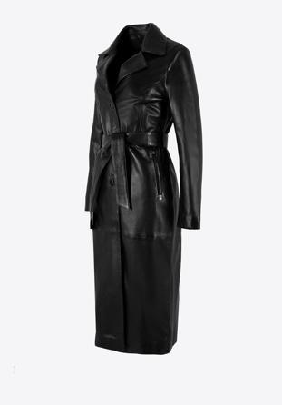Klasyczny damski płaszcz skórzany z paskiem, czarny, 99-09-402-1-M, Zdjęcie 1