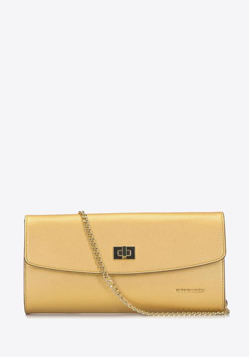 Leather clutch bag with chain shoulder strap, gold, 92-4E-661-P, Photo 1