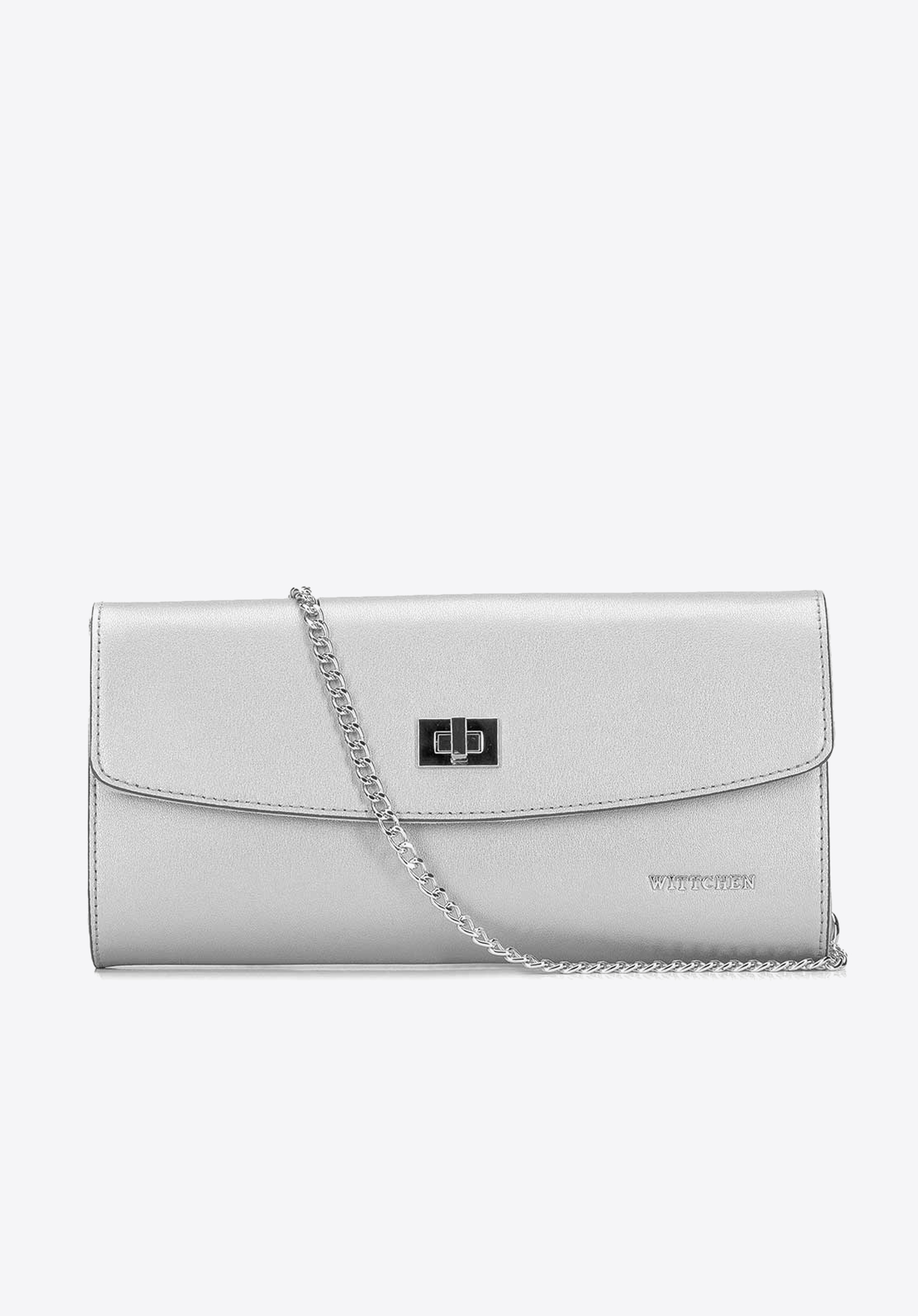 Kopertówka skórzana prosta z łańcuszkiem, srebrny, 92-4E-661-S, Zdjęcie 1